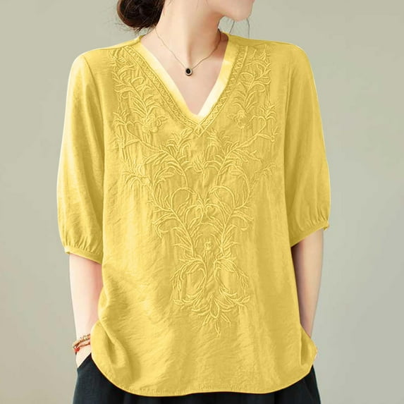 Giftesty Blouses for Women Dressy Casual Women's Summer Fashion Cropped Sleeves Round Neck Cotton Line Loose Shirt Blouse