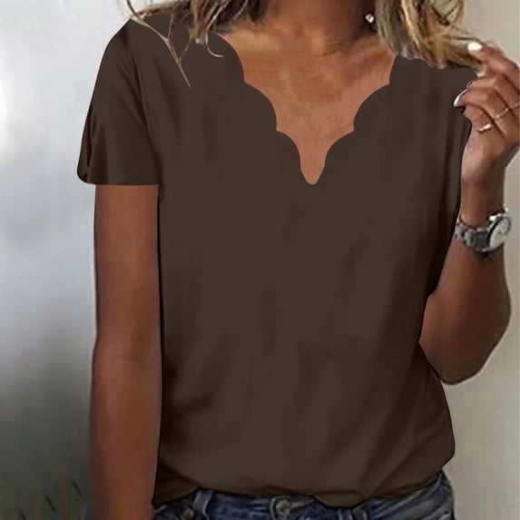 Giftesty Blouses for Women Dressy Casual Women's Summer Fashion Solid Color Neck Casual Short Sleeved Top