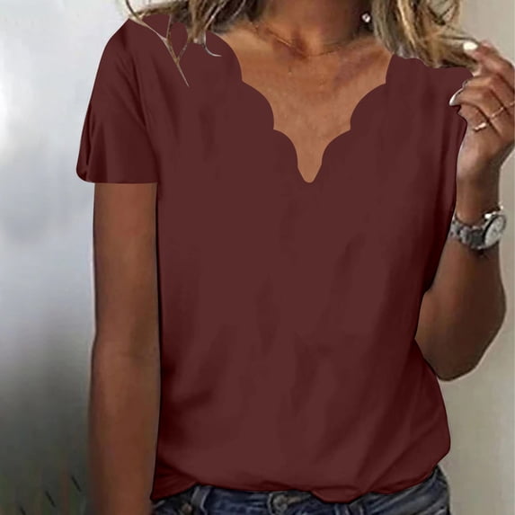 Giftesty Blouses for Women Dressy Casual Women's Summer Fashion Solid Color Neck Casual Short Sleeved Top