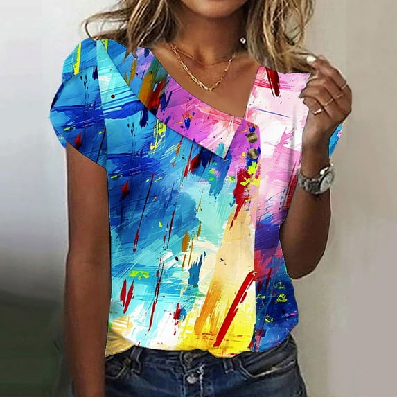 Giftesty Blouses for Women Dressy Casual Women's V-Neck Fashion Casual Printed Button-Up Blouse T-shirt Tops Blouse