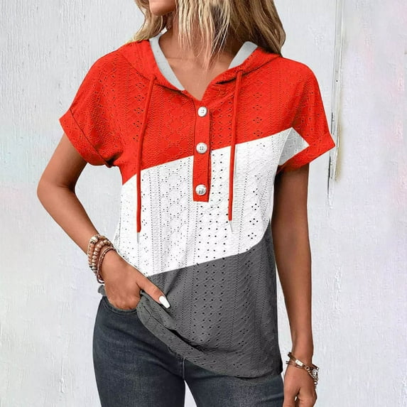 Giftesty Blouses for Women Dressy Casual Clearance Women's V-Neck Hollow Out Recreational Short Sleeve Tops Blouse