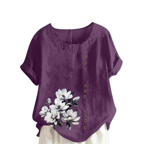 Giftesty Button Blouses for Women Round-Neck Short Sleeve T Shirts Casual And Linen Printed Tops