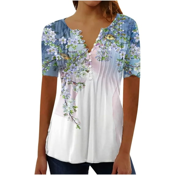 Giftesty Button Down Shirts for Women Floral Print Tunic Summer Tops Dressy Casual Bell Short Sleeve V Neck Button Top