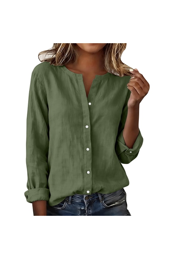 Button Up Shirt Women Linen Pullover Shirt Spring and Summer Long Sleeved Tops V-Neck Tunic Solid Color Casual Blouse Shirts