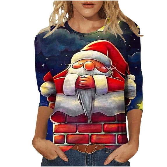 Giftesty Christmas Shirts for Women Fashion Women's Casual Christmas Print Round Neck 3/4 Sleeve T-Shirt Top Blouse