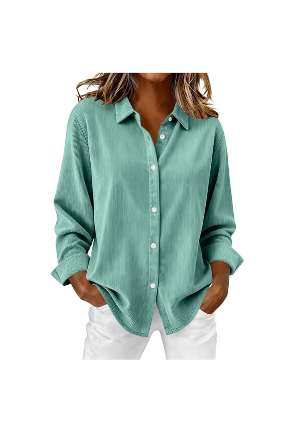 Corduroy Shirts for Women Button-Up Shirt Jacket Solid Color Long Sleeve Shirt Blouse Fall Winter Casual Tshirts Tops
