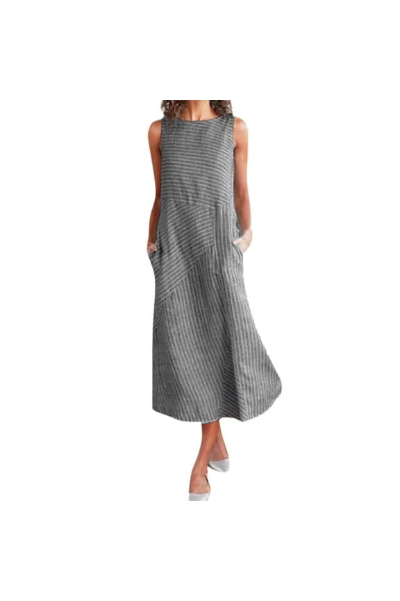 Giftesty Dresses for Women Under $10,Women Casual Striped Sleeveless Dress Crew Neck Linen Pocket Long Dress
