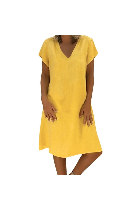 Dresses for Women Under $10,Women Loose V-Neck Summer Solid Short Sleeve Cotton and Linen Dress
