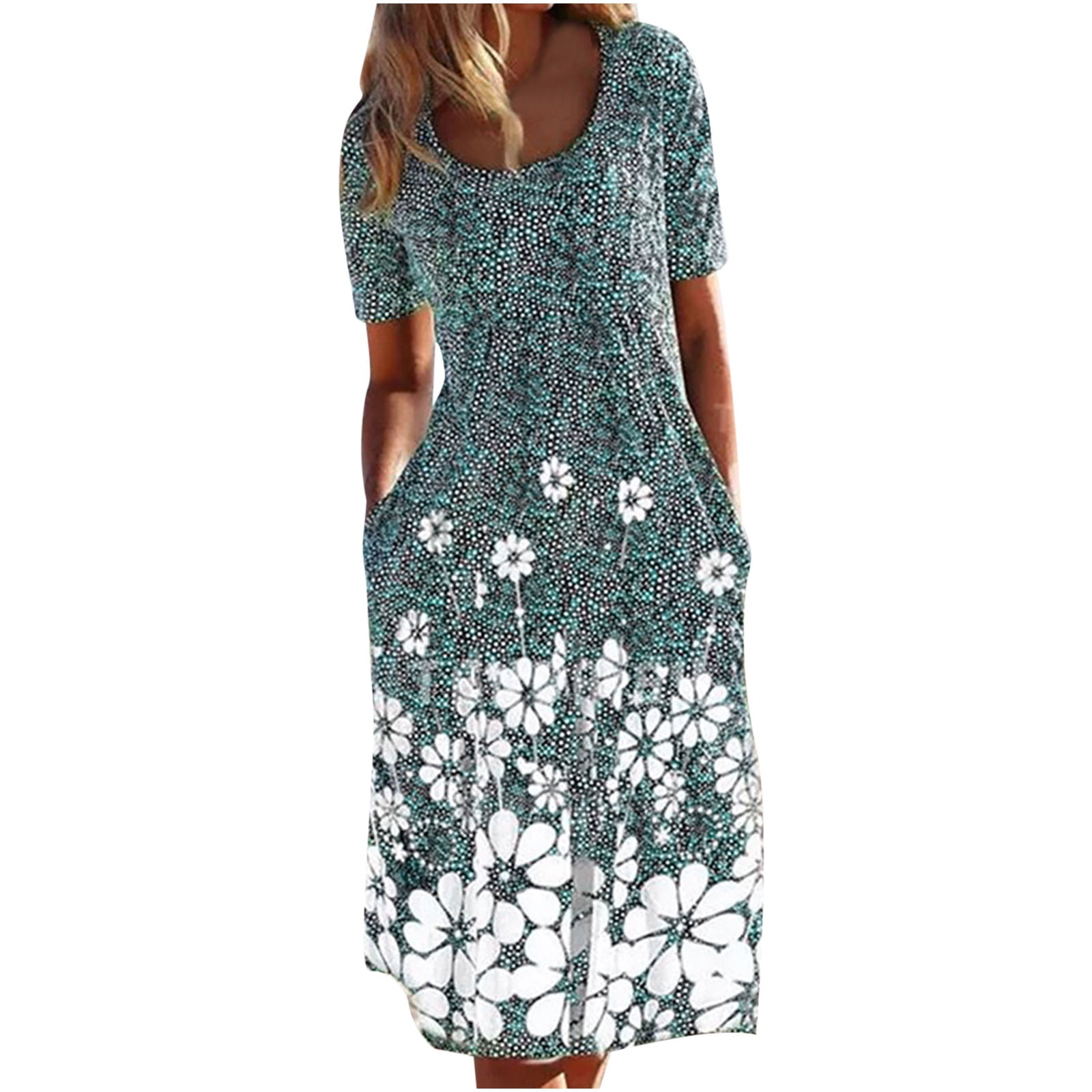 Giftesty Dresses for Women Clearance Under $10,Women Summer Casual Round-Neck Froral Print Short Sleeve Loose Dress