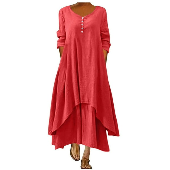 Giftesty Dresses for Women Under $10,Women's Plus Size Round-Neck Solid Long Dress Helf Sleeve Buttons Dress