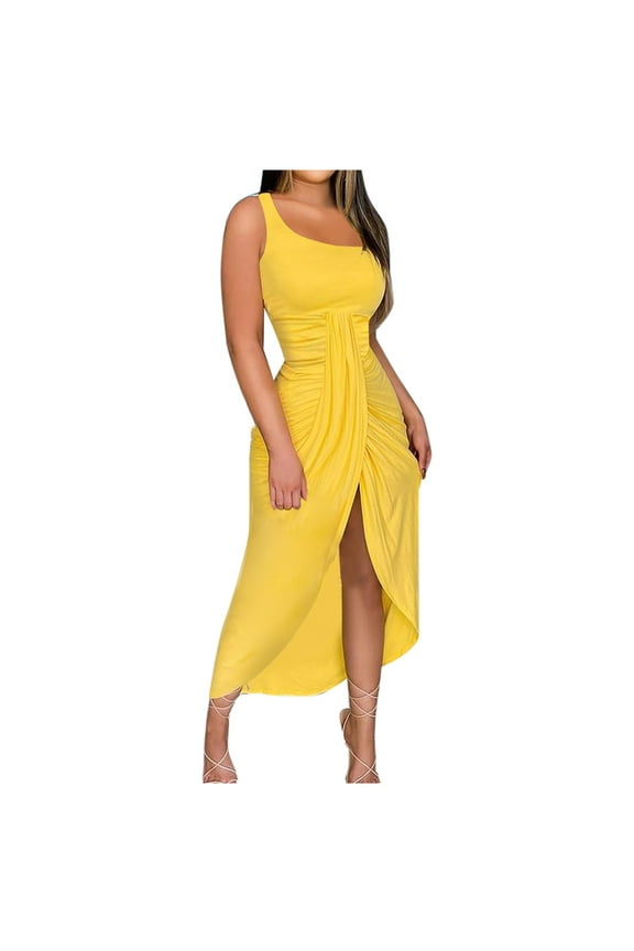 Giftesty Dresses for Women Under $10,Women's Summer Solid Strapless Long Dress Beach Split Dress Party Club Dress