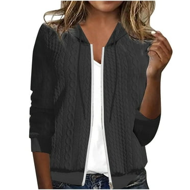 Giftesty Fall Tops Womens Casual Loose Knit Hooded Jacket Long Sleeve Zipper Solid Cardigan Blouse Hoodies Sweatshirt Tops With Pocket