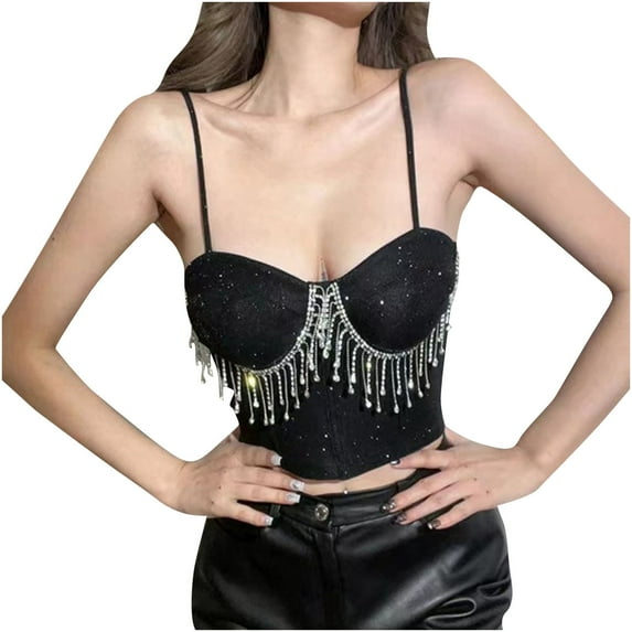 Giftesty Fashion Womens Comfortable Casual Tassels Sexy Midriff Baring V-Neck Solid Color Camisoles Black S