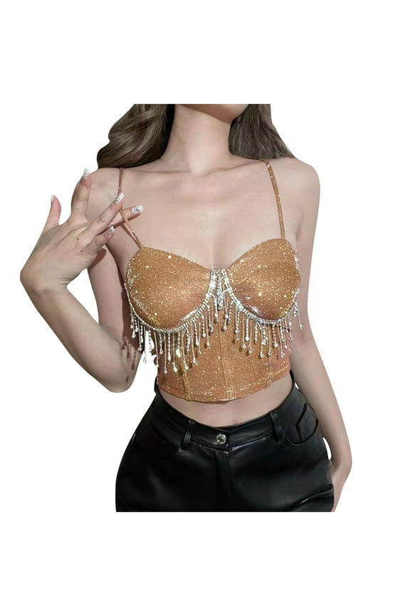 Giftesty Fashion Womens Comfortable Casual Tassels Sexy Midriff Baring V-Neck Solid Color Camisoles Gold M