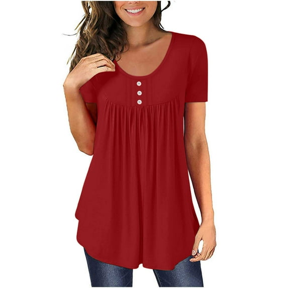 Giftesty Going Out Tops for Women Women's Summer Solid Round Neck Button Pleated Short Sleeve Tops