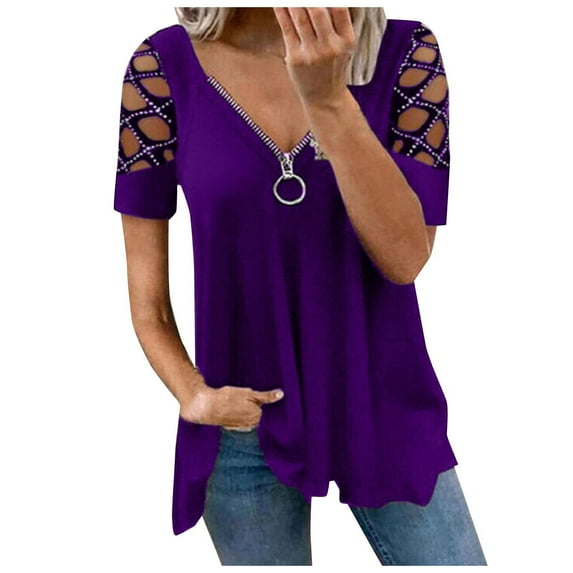 Giftesty Going Out Tops for Women Women's Summer V-Neck Zipper Hollow Out Solid Short Sleeveless Blouse