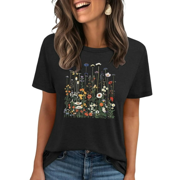Giftesty Graphic T Shirts for Women Short Sleeve Summer Tops Funny Flower Printed Casual Graphic Tees