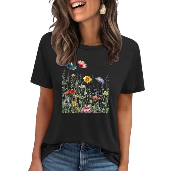 Giftesty Graphic T Shirts for Women Short Sleeve Summer Tops Funny Flower Printed Casual Graphic Tees