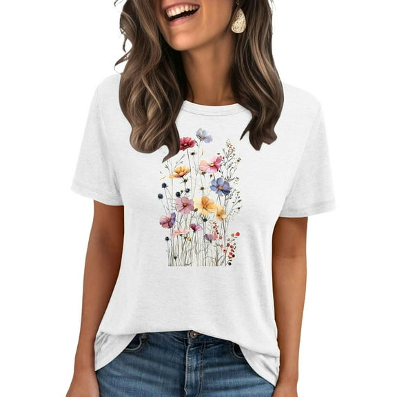Giftesty Graphic T Shirts for Women Short Sleeve Summer Tops Funny Flower Printed Casual Graphic Tees