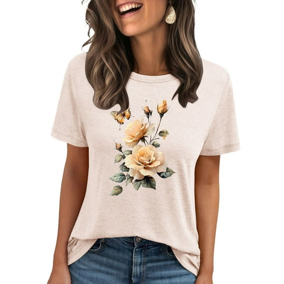 Giftesty Graphic T Shirts for Women Short Sleeve Summer Tops Funny Flower Printed Casual Graphic Tees