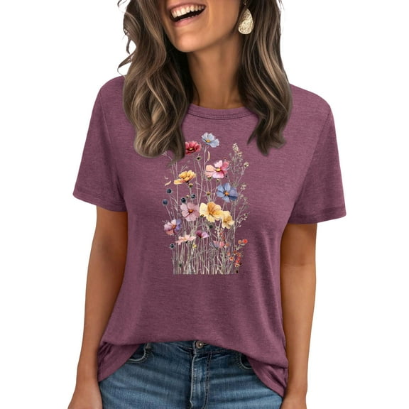 Giftesty Graphic T Shirts for Women Short Sleeve Summer Tops Funny Flower Printed Casual Graphic Tees