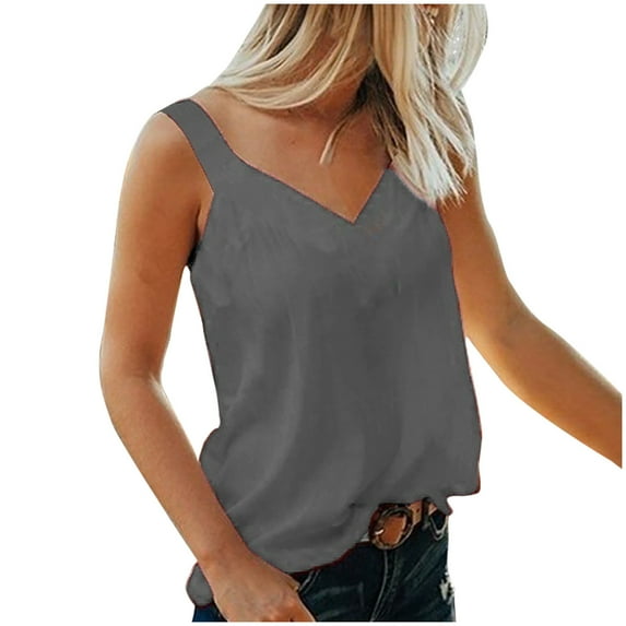 Giftesty Gray Tank Top for Women Women's Sleeveless V-Neck Solid Color Block T-Shirt Loose Casual Tank