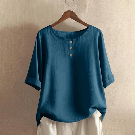 Giftesty Half Button Up Tops Women Cotton Linen Pullover Shirt Spring Summer Short Sleeve Top Round-Neck Solid Color Casual Blouse T Shirt