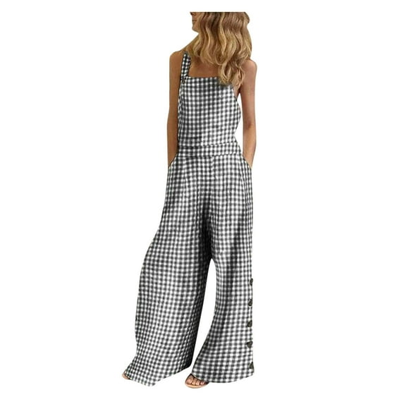 Giftesty Jumpsuit for Women Clearance,Women Sleeveless Overalls Jumpsuit Casual Plaid Print Summer Wide Leg Bib Pants
