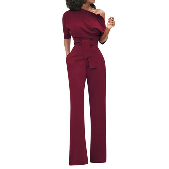 Giftesty Jumpsuit for Women Clearance,Women's Solid Off Shoulder Short Sleeve with Belt Slim Jumpsuit
