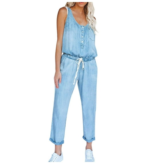 Giftesty Jumpsuit for Women Clearance,Womens Casual Off Shoulder Denim Jeans Pocket Sleeveless Jumpsuits Rompers