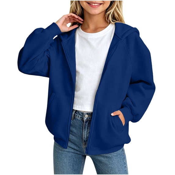 Giftesty Kids Full Zip Hooded Jacket, Solid Color Long Sleeve Oversized Polyester Sweatshirt Coat with Side Pockets for Boys Girls Ages 5-15