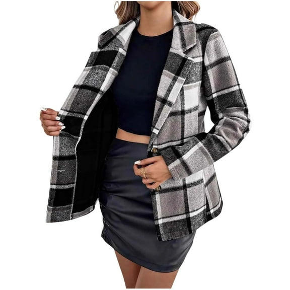 Giftesty Loose Fit Plaid Wool Blend Cardigan for Women, Long Sleeve Top with Front Pockets