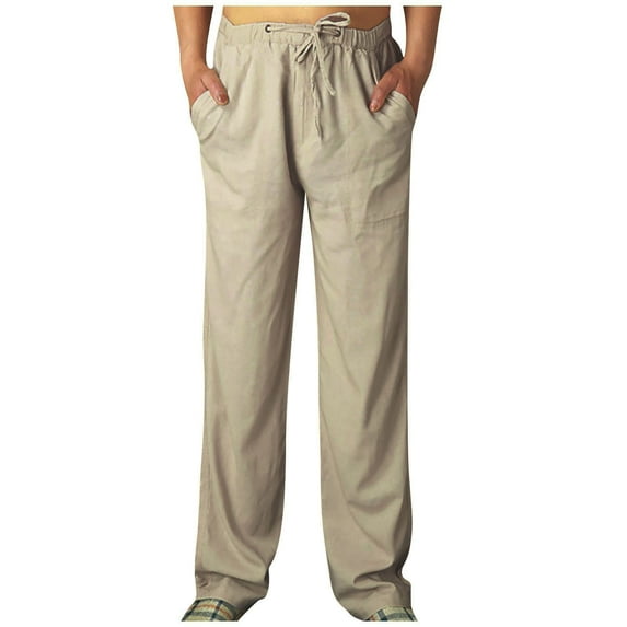 Giftesty Men Pants Clearance,Men Cotton Linen Plus Size Casual Elastic Waist Pockets Long Pants