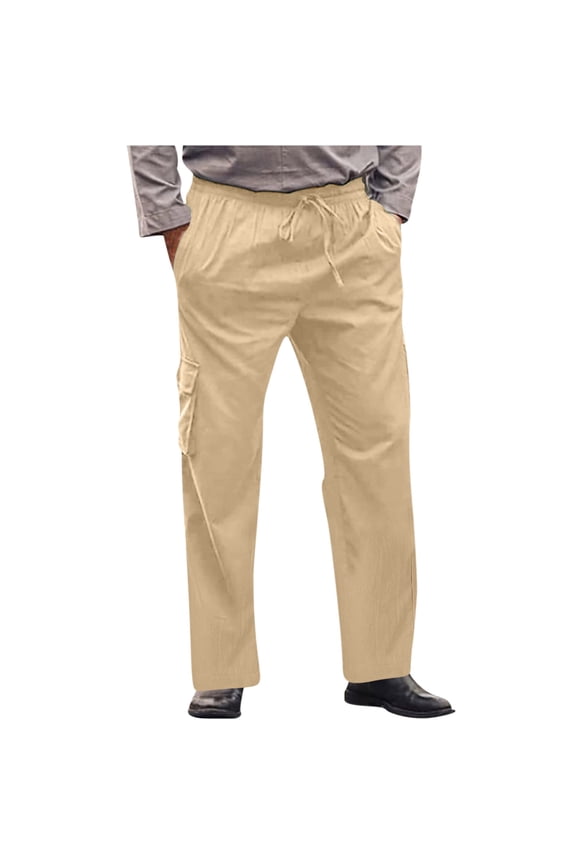 Mens Cargo Pants Clearance Casual Men's Wide Leg Pants Cargo Pocket Lace-up Casual Cotton Hemp Sweatpants Full Length Pants