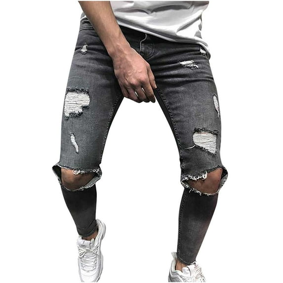 Giftesty Mens Cargo Pants Men Casual Fashion Solid Button Zipper Custom Fit Irregular Ripped Jeans