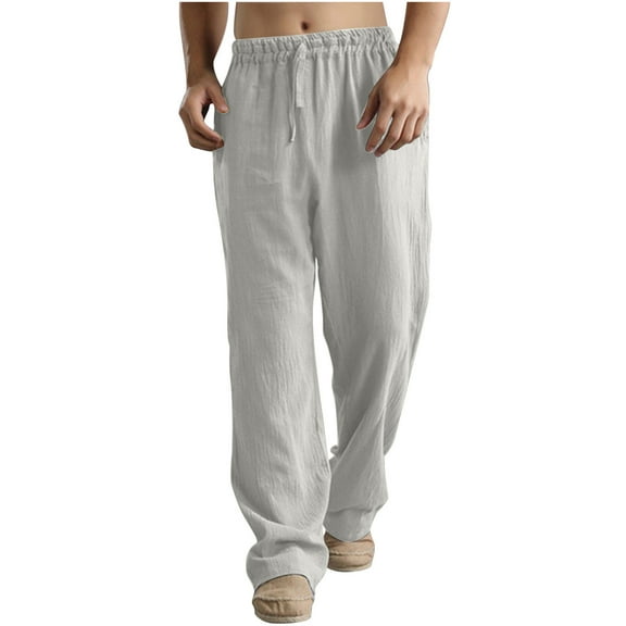 Giftesty Mens Cargo Pants Men Solid Casual Elastic Waistband Pocket Cotton Linen Panel Trousers Pants