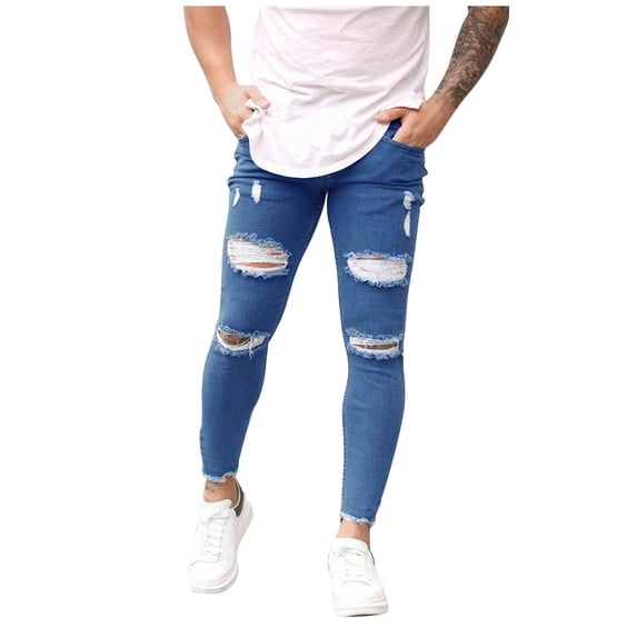 Giftesty Mens Cargo Pants Men Striped Zipper Denim Hole Vintage Wash Hip Hop Work Trousers Jeans Pants