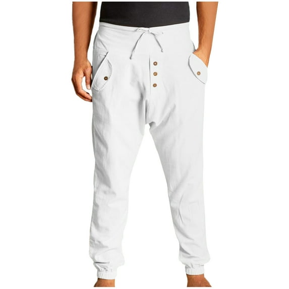 Giftesty Mens Cargo Pants Men's Cotton Linen Double Pockets Button Elastic Waist High Waist Overalls Leggings