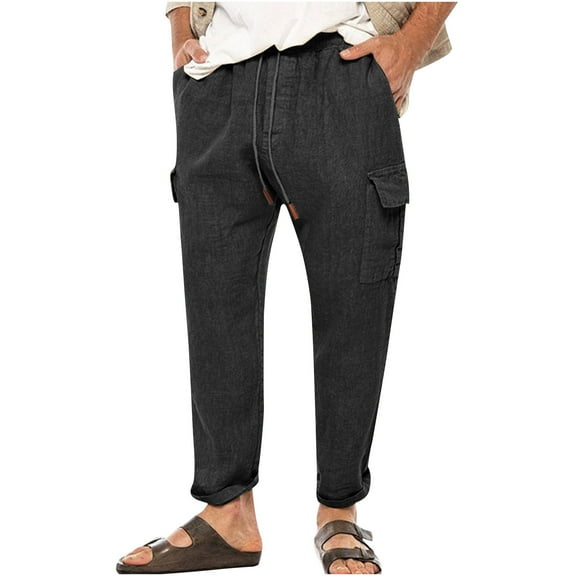Giftesty Mens Cargo Pants Men's Cotton Linen Trousers with Elastic Waist Drawcord Daily Casual Pants Sports Trousers Pants