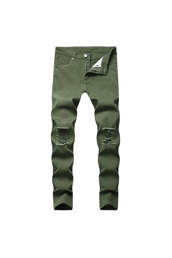 Mens Cargo Pants Clearance Men's New Tight-Fitting Ripped Straight Hip-Hop Stretch Motorcycle Denim Trouser
