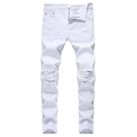 Giftesty Mens Cargo Pants Clearance Men's New Tight-Fitting Ripped Straight Hip-Hop Stretch Motorcycle Denim Trouser