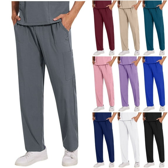 Giftesty Nursing Scrubs for Men Pants Solid Color Straight Draw Rope Elastic Waist Pant with Pockets Nursing Uniform
