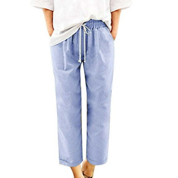 Giftesty Pants for Women Clearance Women's Fashion Casual Solid Color Elastic Cotton and Linen Trousers Pants