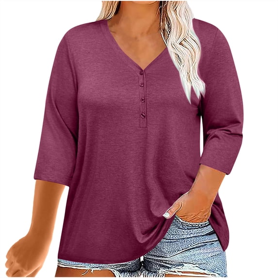 Giftesty Plus Size Women Tops V Neck 3/4 Sleeve Casual Button T-Shirts Loose Basic Tunic Tees