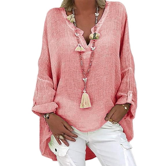 Giftesty Plus Size Women's Cotton Linen V-Neck Tunic, Loose Long Sleeve Casual Blouse, Roll-Up Sleeve Summer Shirt