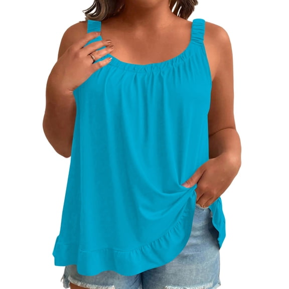 Giftesty Plus Size Women's Flowy Ruffle Hem Tank Top, Casual Sleeveless Scoop Neck Cami, Solid Color Loose Fit Summer Blouse