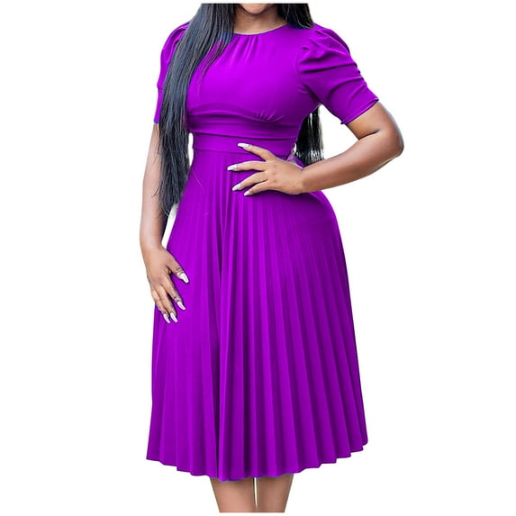 Giftesty Plus Size Women's Short Sleeve Round Neck Solid Color Pleated High Waist Slimming Soft Casual Dress for Daily Outings