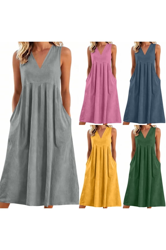 Plus Size Womens Dresses Women Solid Sleeveless Maxi Pockets Linen Loose Baggy Kaftan Long Dress