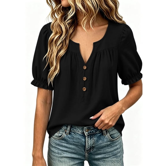 Giftesty Puff Sleeve Tops for Women Casual V-Neck Blouse, Loose Pleated Button Down Summer Tunic Top, Solid Color Flowy Shirt for Work Office