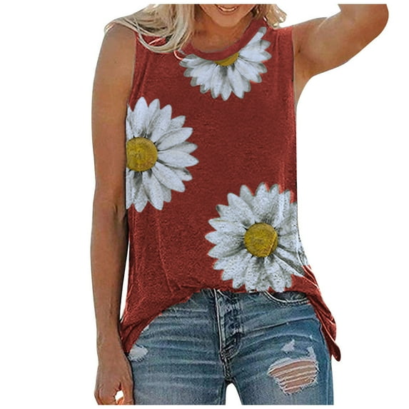 Giftesty Red Tank Top for Women Women Summer Tops Daisy Print Sleeveless Tank T- Graphic Blouse